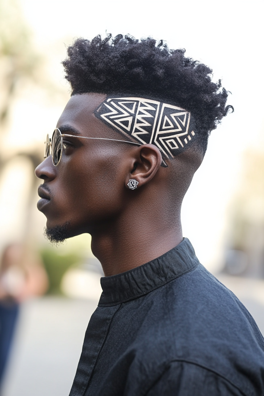 Men's statement style. High top fade with geometric patterns.