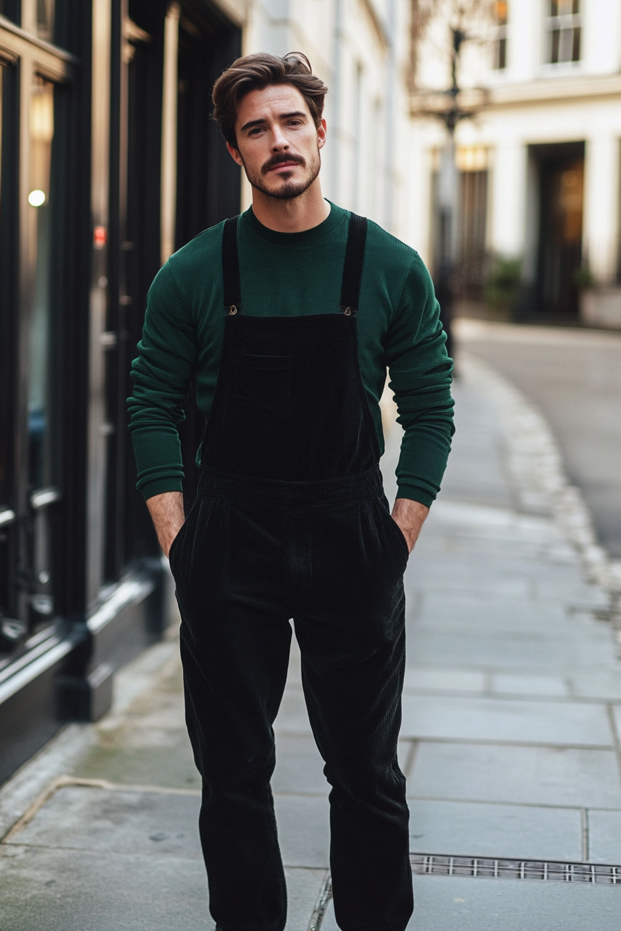 Modern men's style. Black corduroy overalls with muted forest green layered long-sleeve polo.