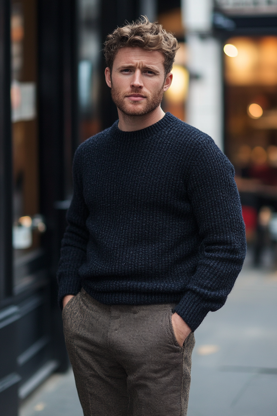 Men's Contemporary Style. Navy texture knit jumper with blended cotton chino trousers.