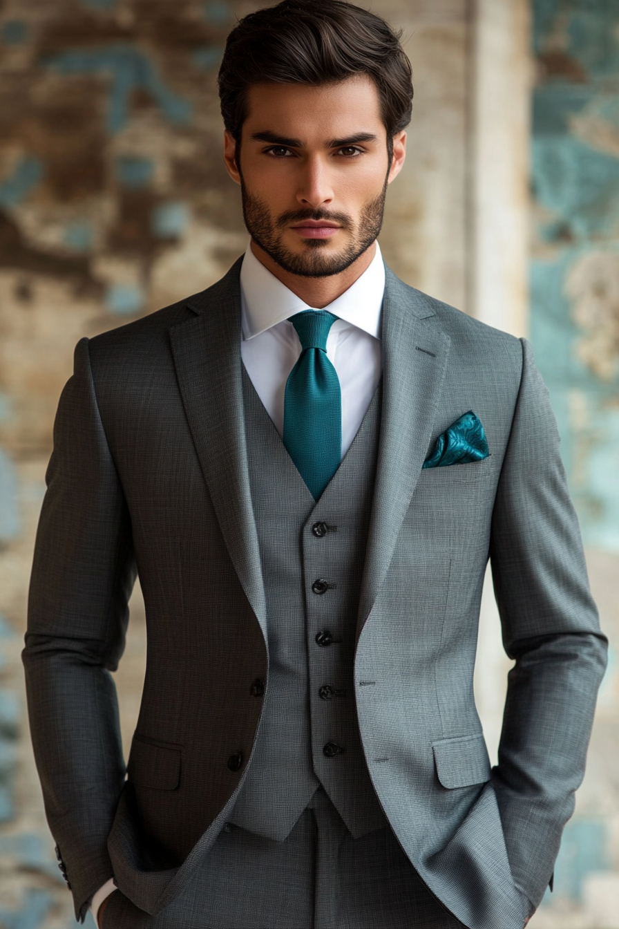 Men's Classic Style. Grey wool suit with slim-fit cut and teal gradient pocket square.