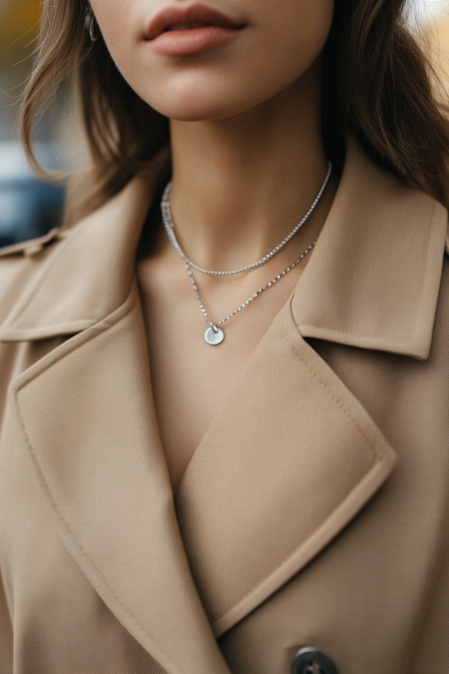 Classic women's style. Camel trench coat with puff sleeves and silver statement necklace.