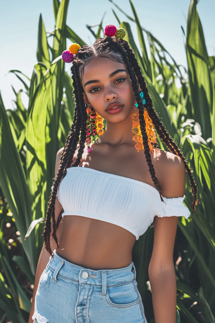 Retro Style women's outfit. High waist jeans, white crop top, baby braids with colorful clips.