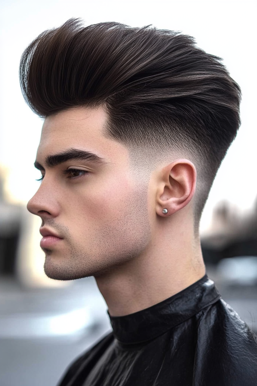 Men's statement style. Low fade haircut with a tall pompadour.