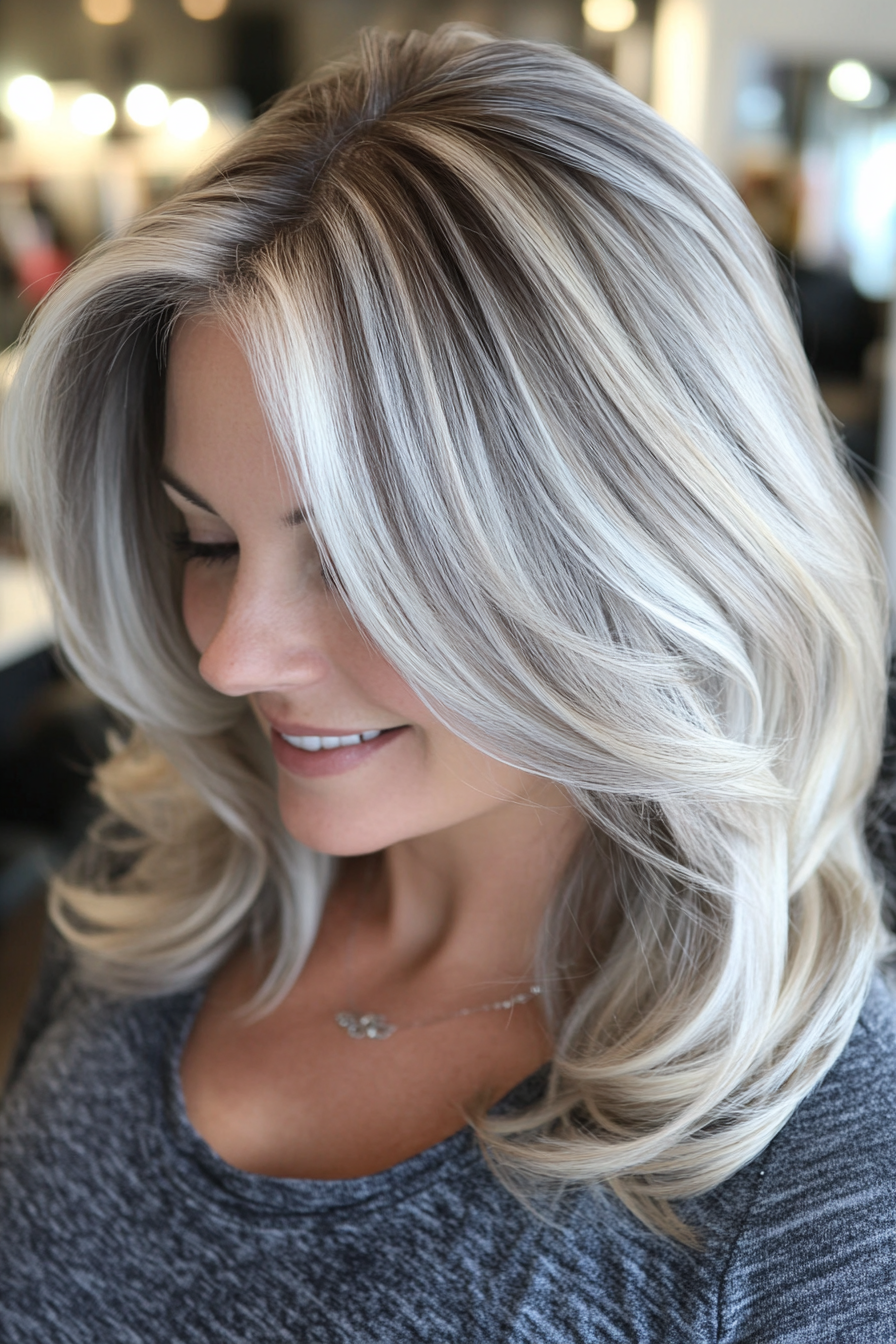 Women's hair color. Shadow roots with silver toning.