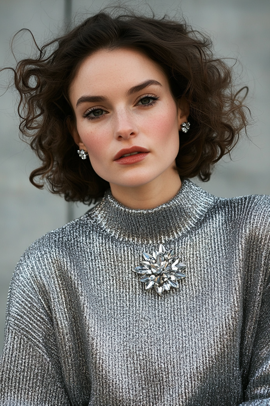 Festive style for women. Oversized silver metallic sweater with crystal brooch.