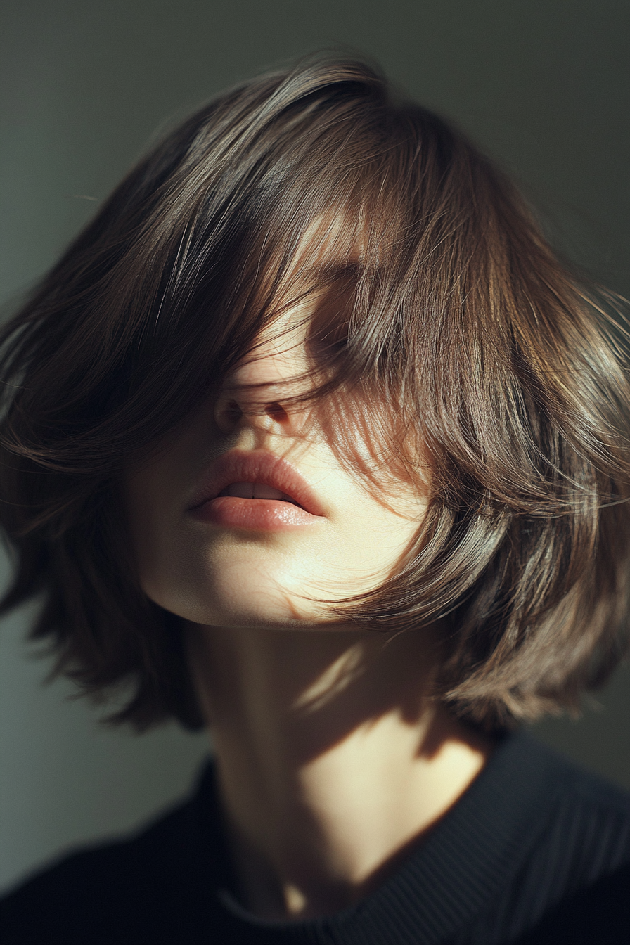 Modern women's hairstyle. Brown-toned layered bob with curtain bangs.