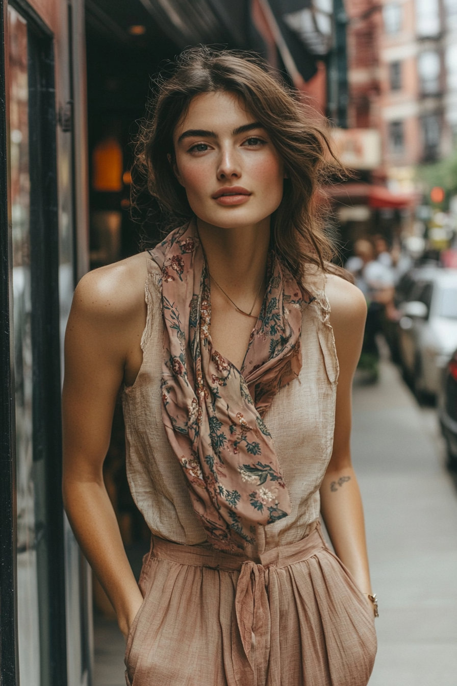 Natural Women's Style. Earth-toned culottes, sleeveless blouse, blending printed silk scarf.