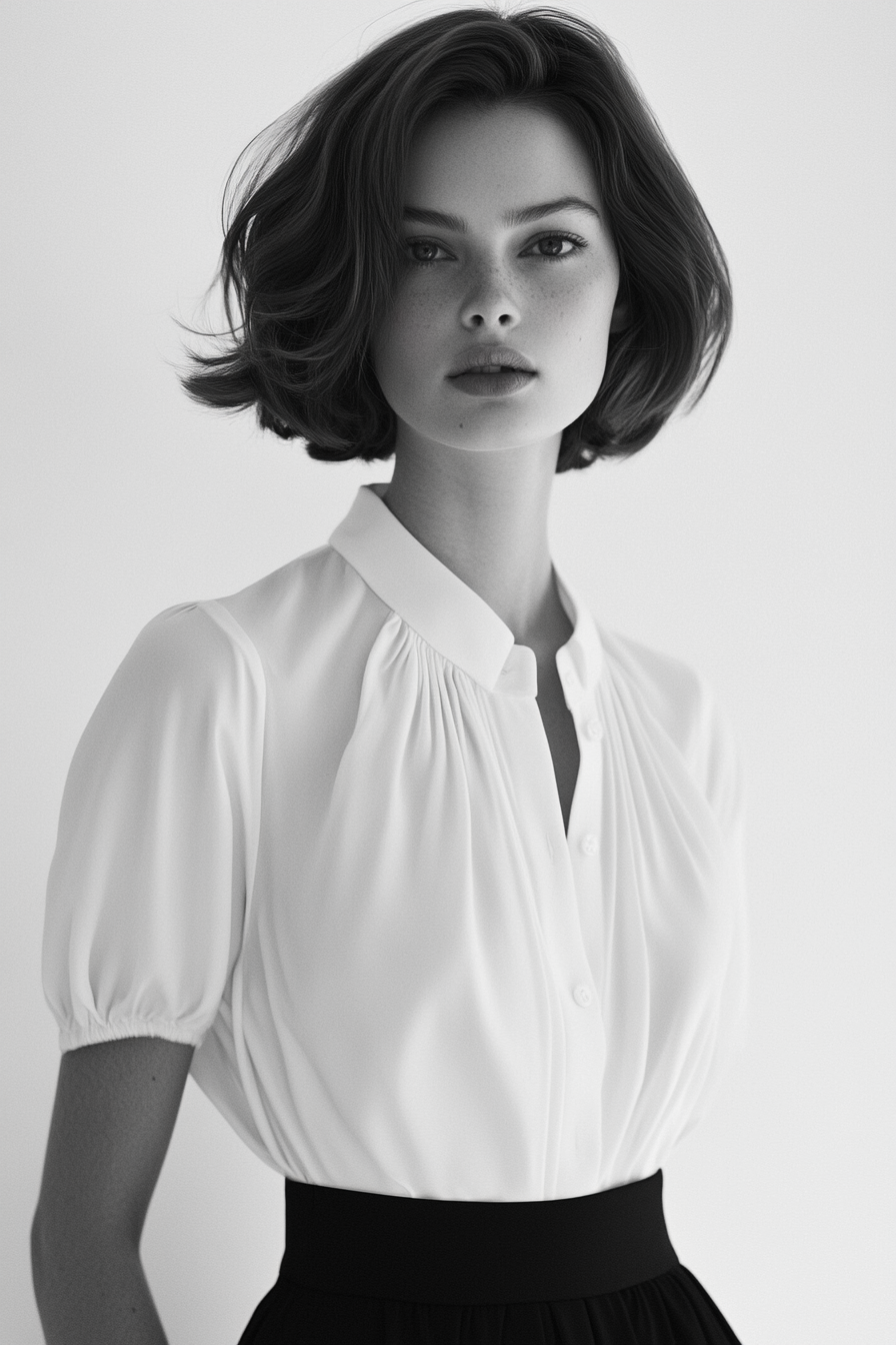 Classic Style. Crisp white blouse with black pencil skirt and face-framing layered bob.