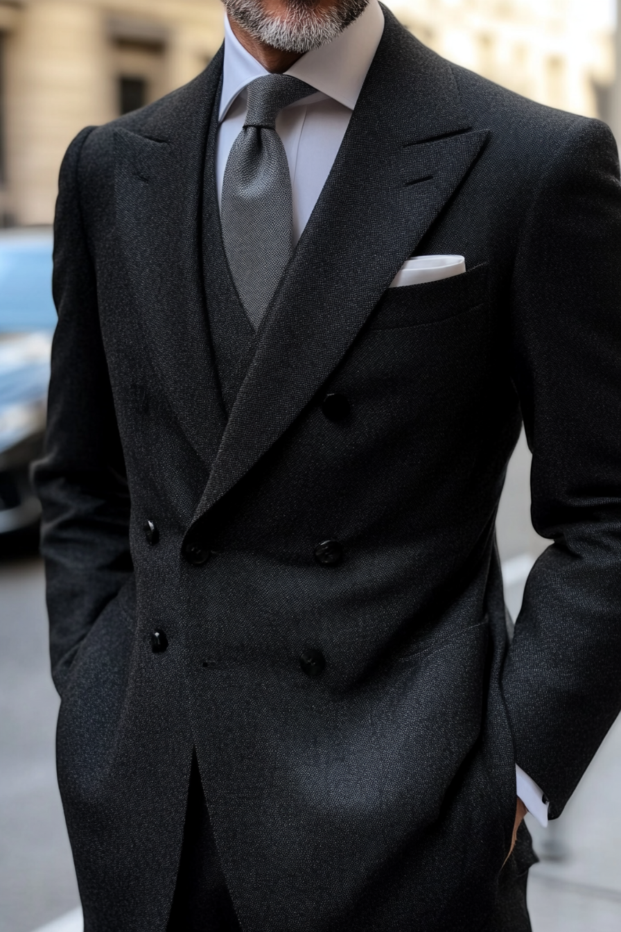 Men's classic style. Black tailored suit with gradient grey tie.