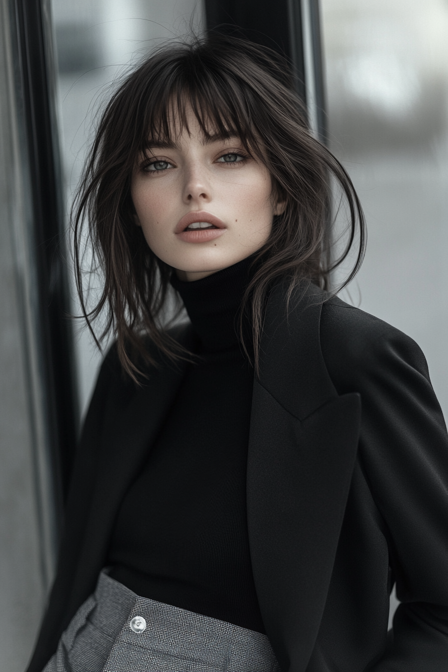 Women's Modern Style. Black turtleneck, grey flared trousers, jacket with choppy layers, curtain bangs.