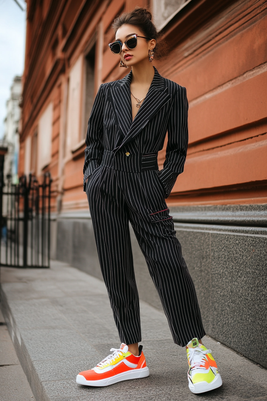 Classic women's style with a twist. Pinstripe trouser suit with colorful sneaker.