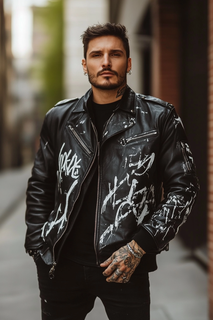 Men's edgy style. Black leather jacket with white graffiti design.