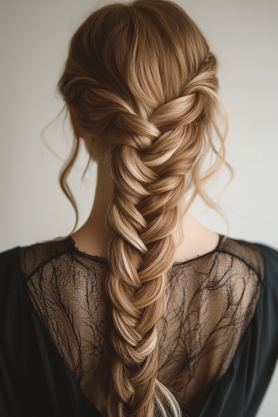 Braided style. A complex fishtail design with embedded scalp hydration oil.