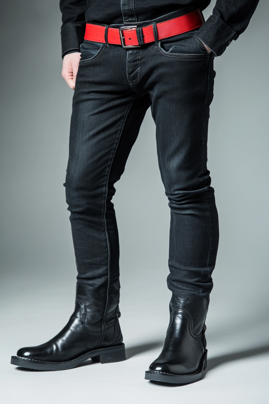 Men's edgy style. Tall black leather boots, slim fit jeans, side contrast with red belt.