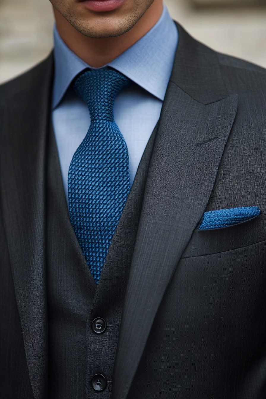 Men's style. Charcoal grey suit with blue knit tie and clean taper fade.