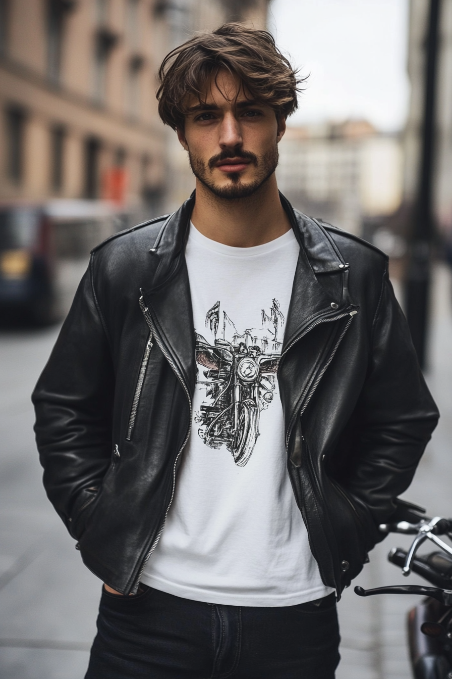 Men's edgy style. Black motorcycle jacket with white graphic tee.