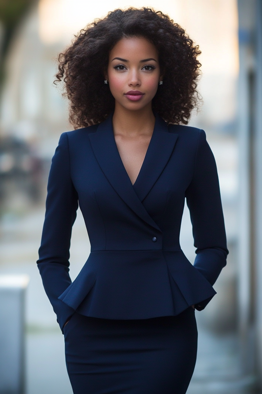 Women's Office Style. Navy peplum blazer with pencil skirt.