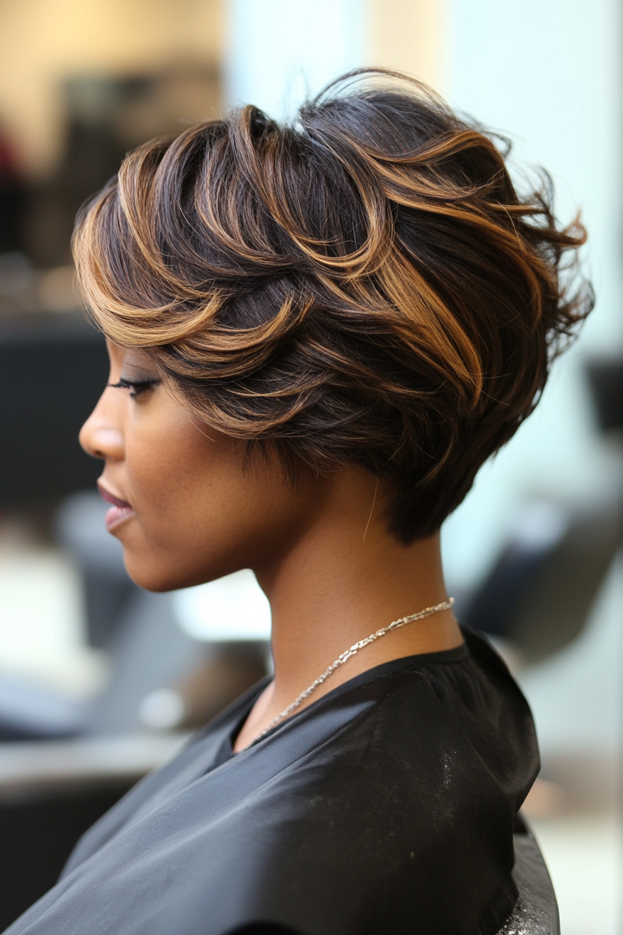 Natural women's style. Tapered bob cut with balayage blend.