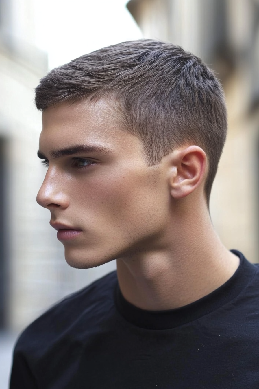 Men's short style. Gradient fade haircut with precise clean lines.