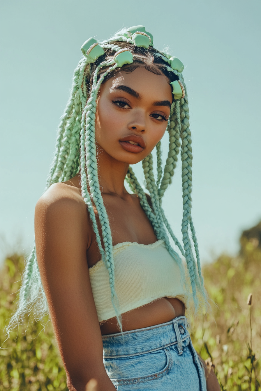 Retro women's style. High-waisted jeans, baby braids, pastel green hair clips.