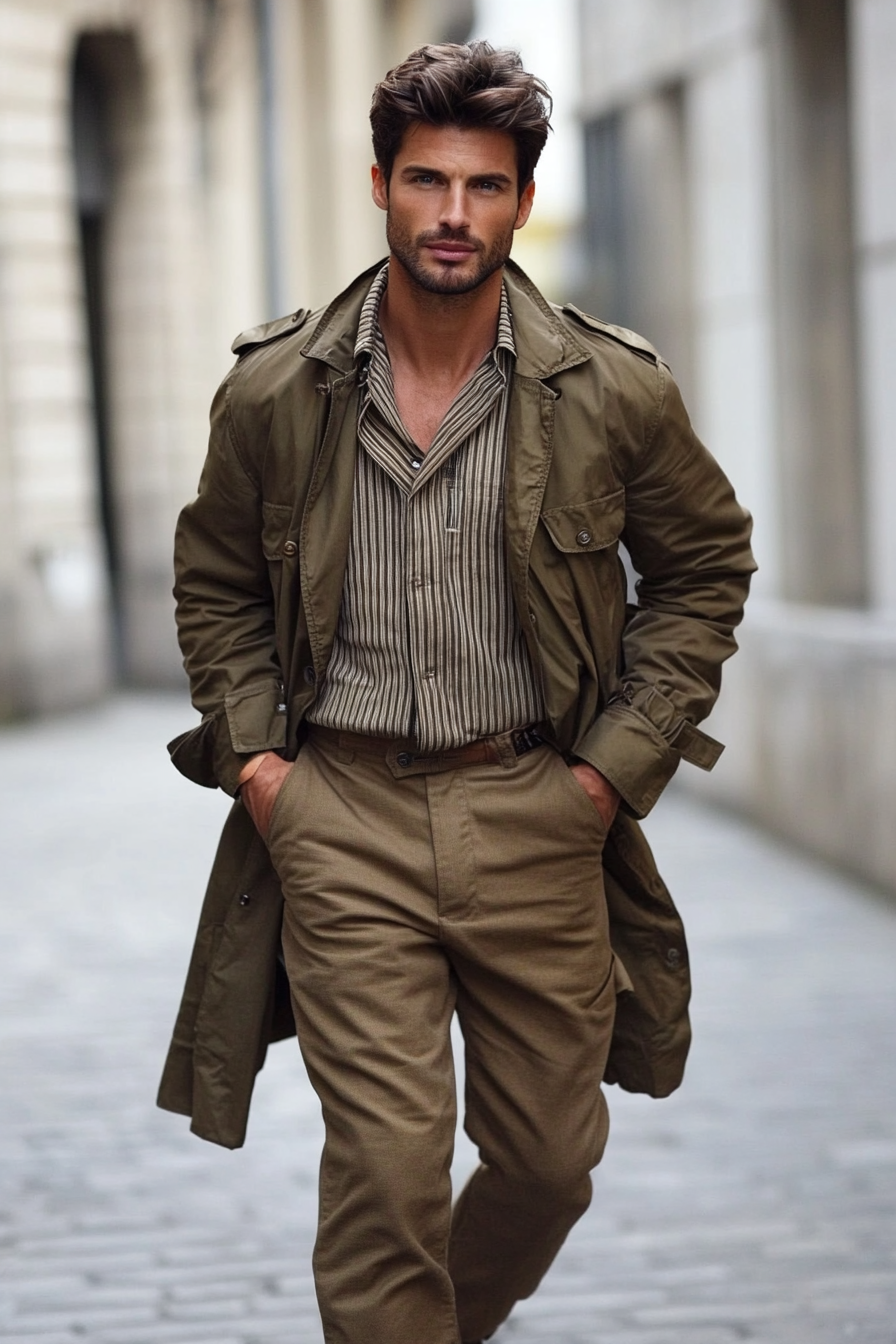 Men's contemporary style. Khaki chinos with striped textured top and blended trench coat sides.