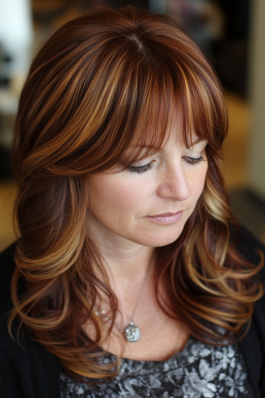 Women's hair color. Chestnut brown with caramel dimensional highlights