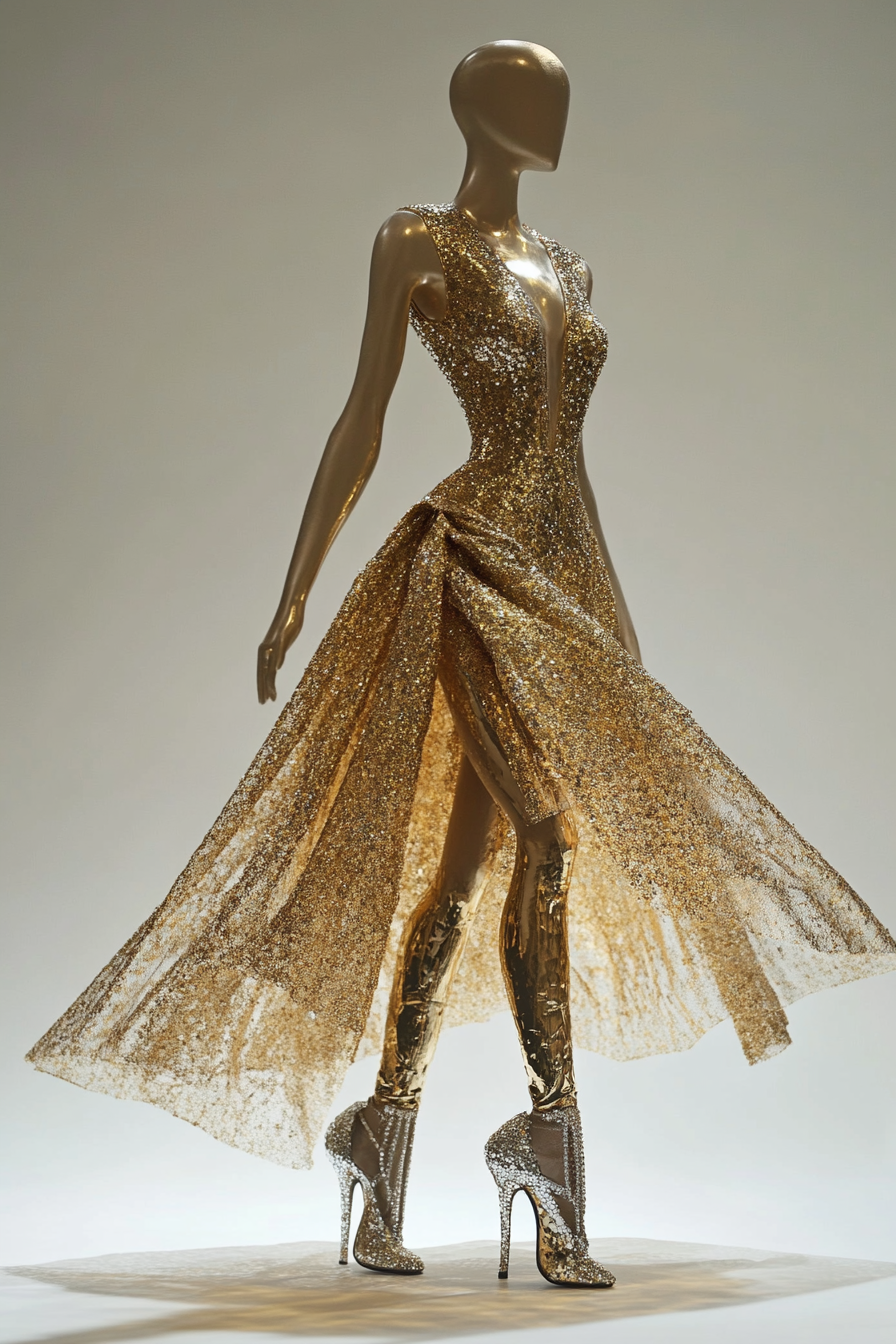 Festive women's style. Metallic gold spray dress with crystal stilettos.