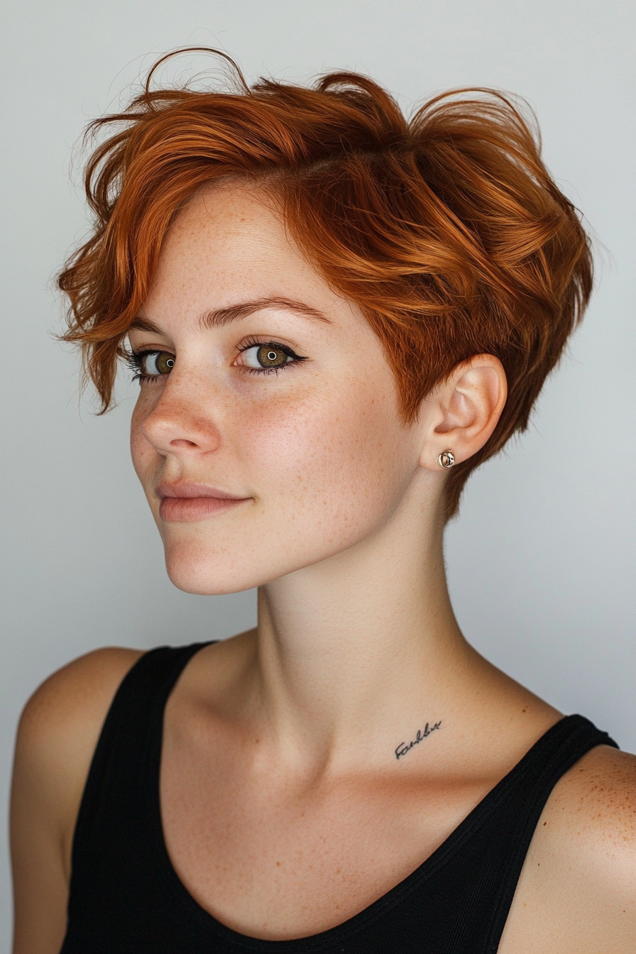 Women's short hairstyle. Copper pixie cut with textured crown and tapered sides.