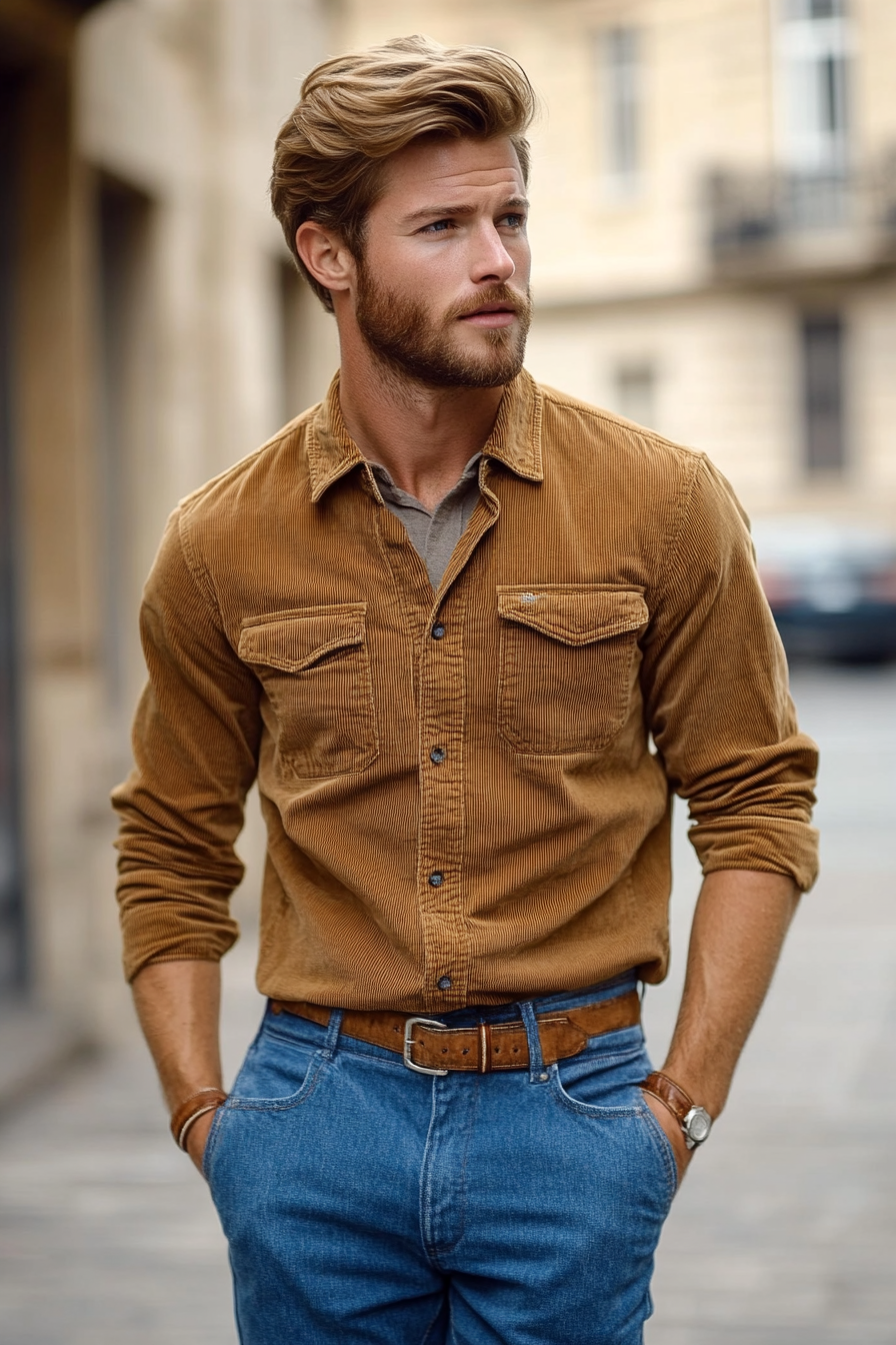 Men's contemporary style. Corduroy shirt with blended denim trousers.