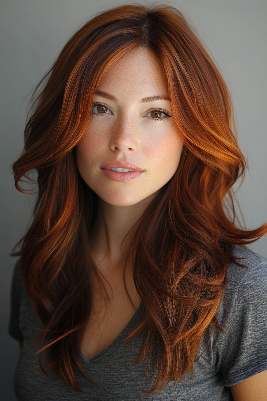 Women's hair color. Chestnut brown with caramel highlights.