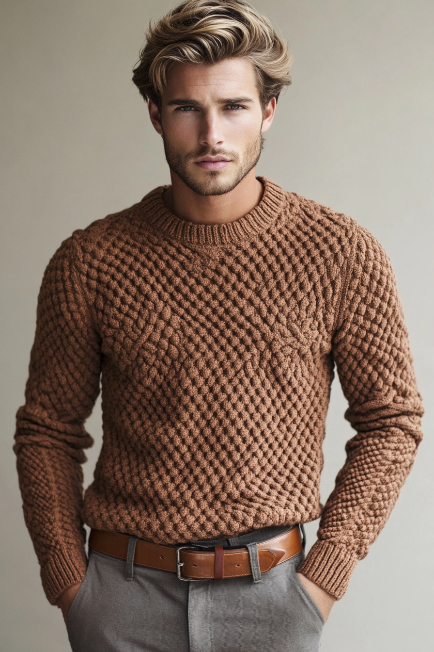 Men's seasonal style. Textured sweater with neat chinos.