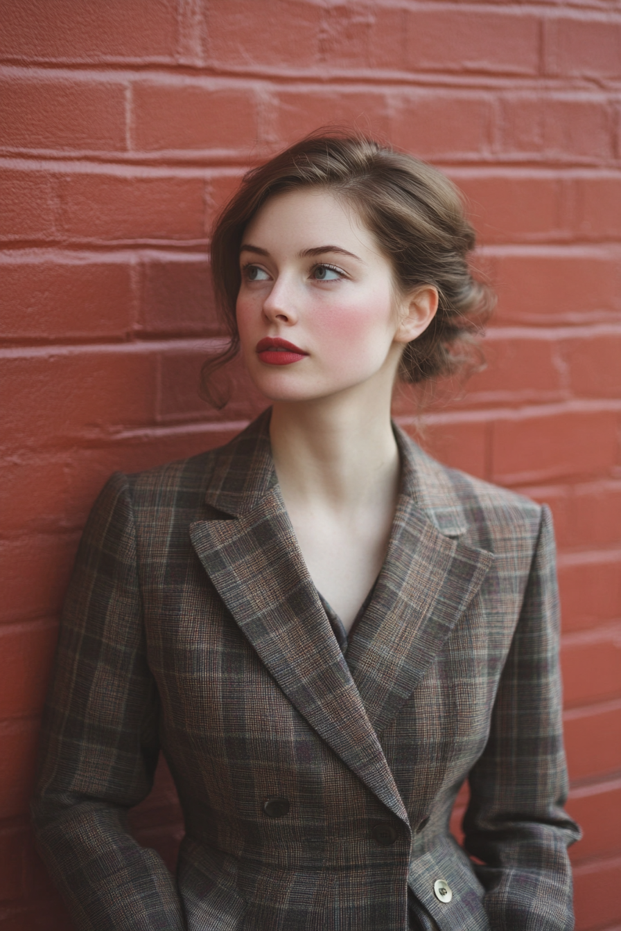 Classic women's style. Tailored plaid blazer with a front-gathered skirt.