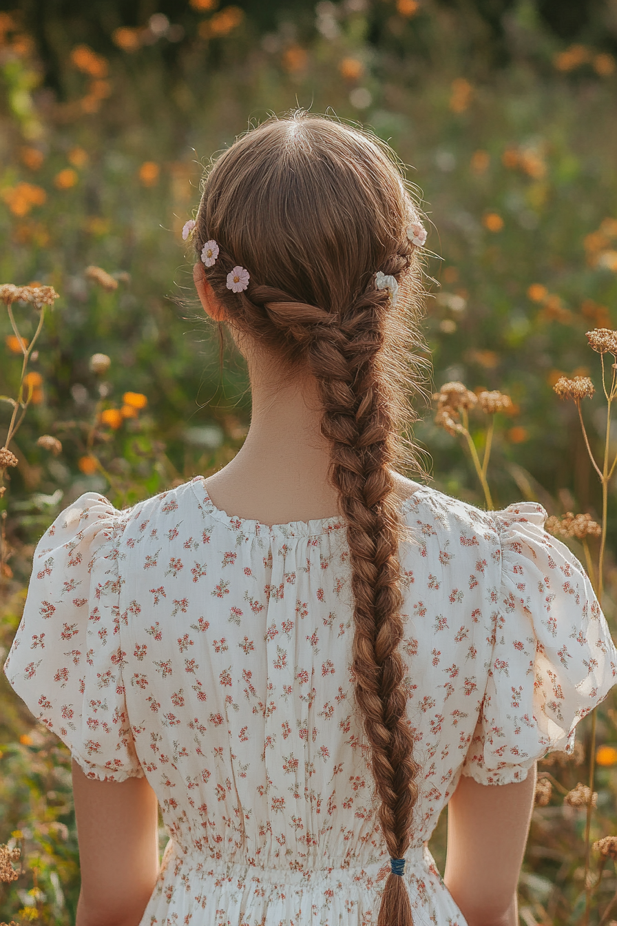 Retro style women's outfit. Baby braids, pastel-colored clips, vintage floral dress.