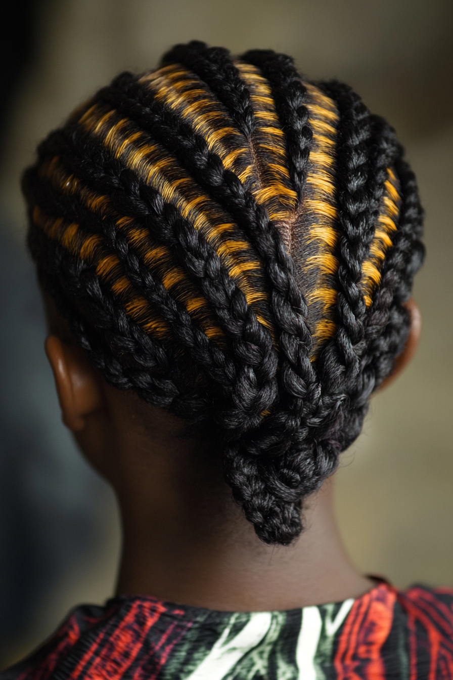 Braided hairstyle. Zigzag cornrows showcasing healthy scalp.