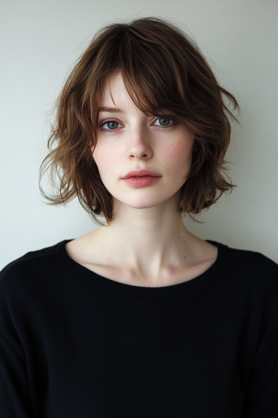 Short style for women. Textured bob with side-parted bangs.