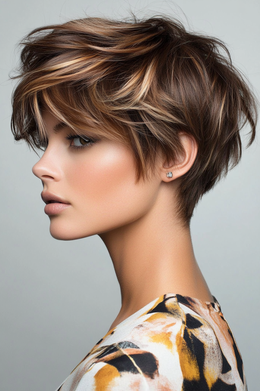 Short hairstyle. Textured crown with tapered sides, caramel highlights.