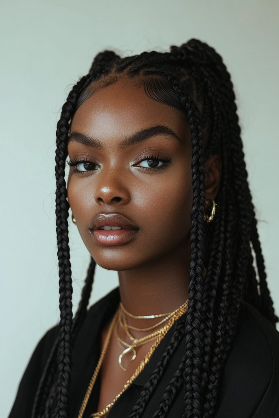 Protective hairstyle for women. Box braids with zigzag parts, oil-based conditioner application.