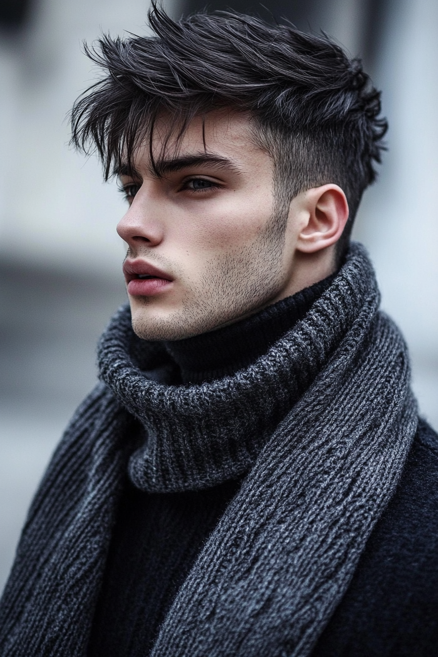 Modern men's style. Layered, charcoal collared turtleneck, and side-shaved hair.