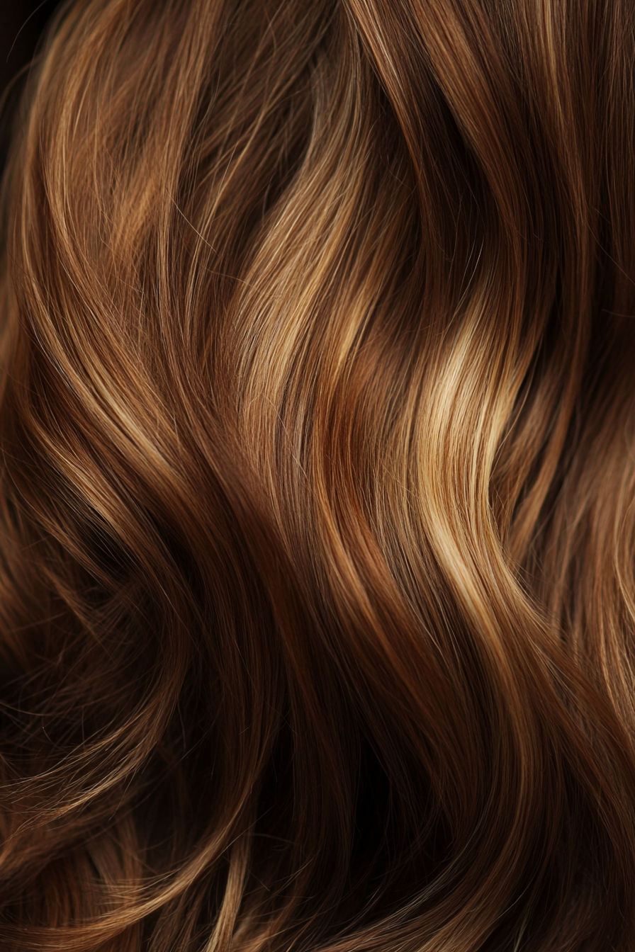 Women's hair color. Caramel brown with honey highlights.