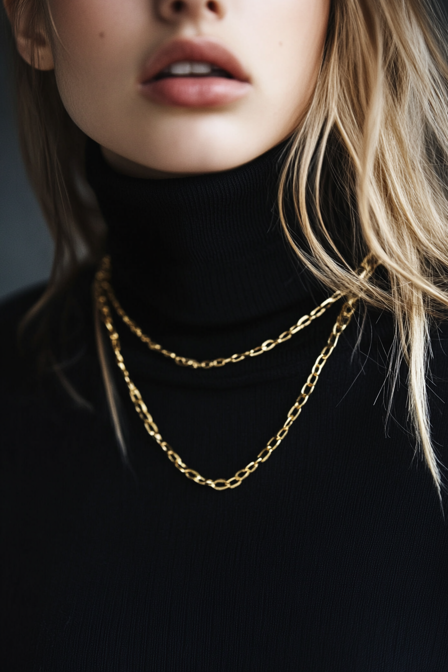 Classic women's style. Black turtleneck with layered gold chains.