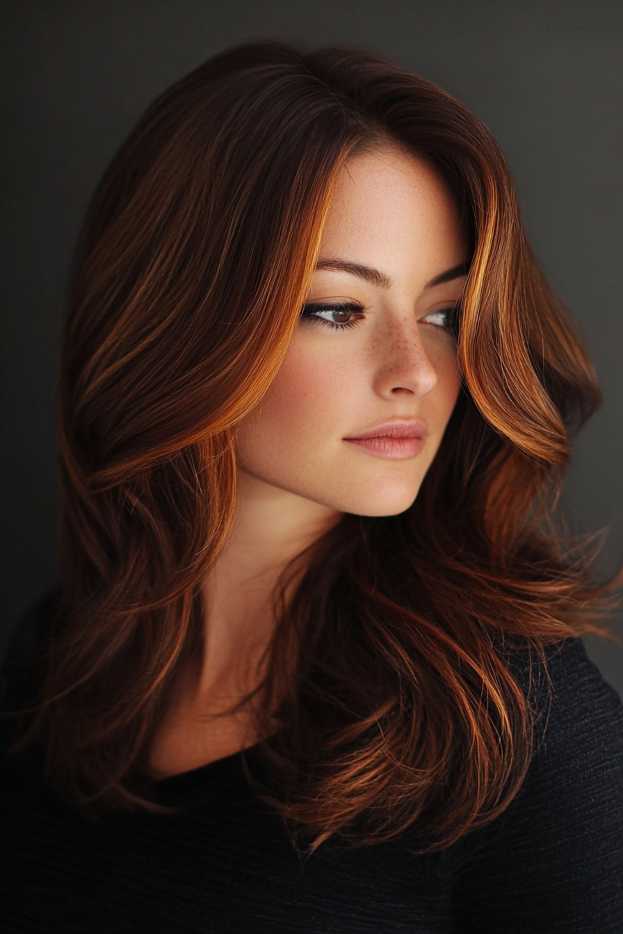 Women's hair color. Chestnut brown with caramel dimensional highlights.