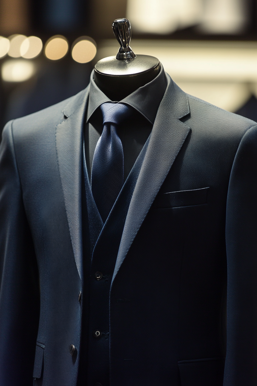 Men's short style collection. Navy suit with sharp gradient tie.