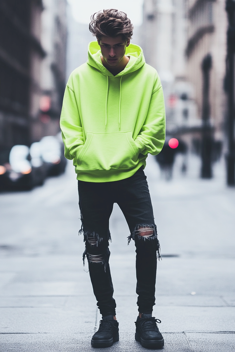 Edgy men's style. Black ripped jeans with neon green oversized hoodie.