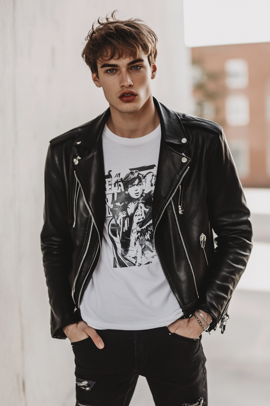 Men's edgy style. Black leather jacket with white graphic t-shirt.