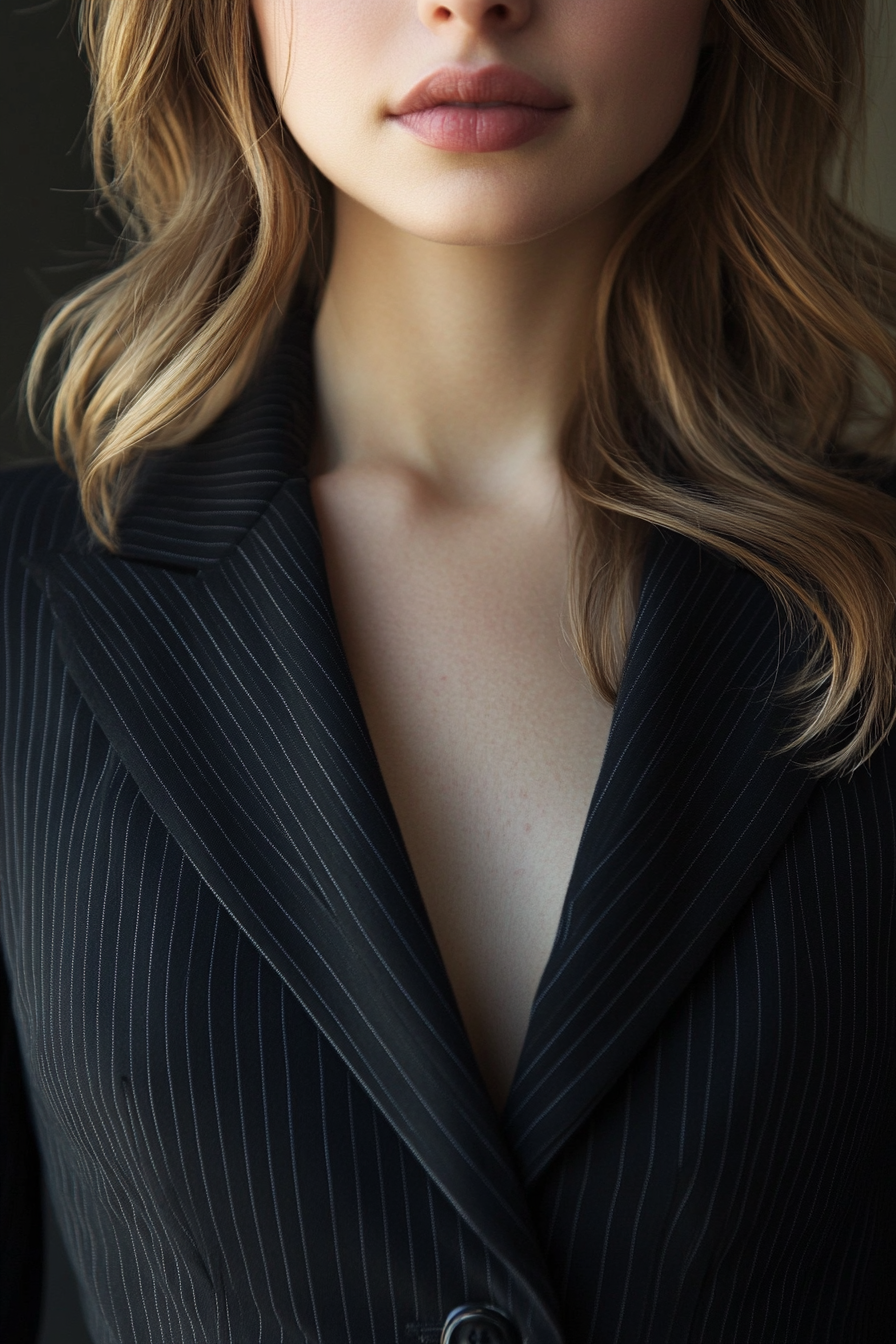 Office style for women. Black tailored blazer with subtle pinstripe pattern.