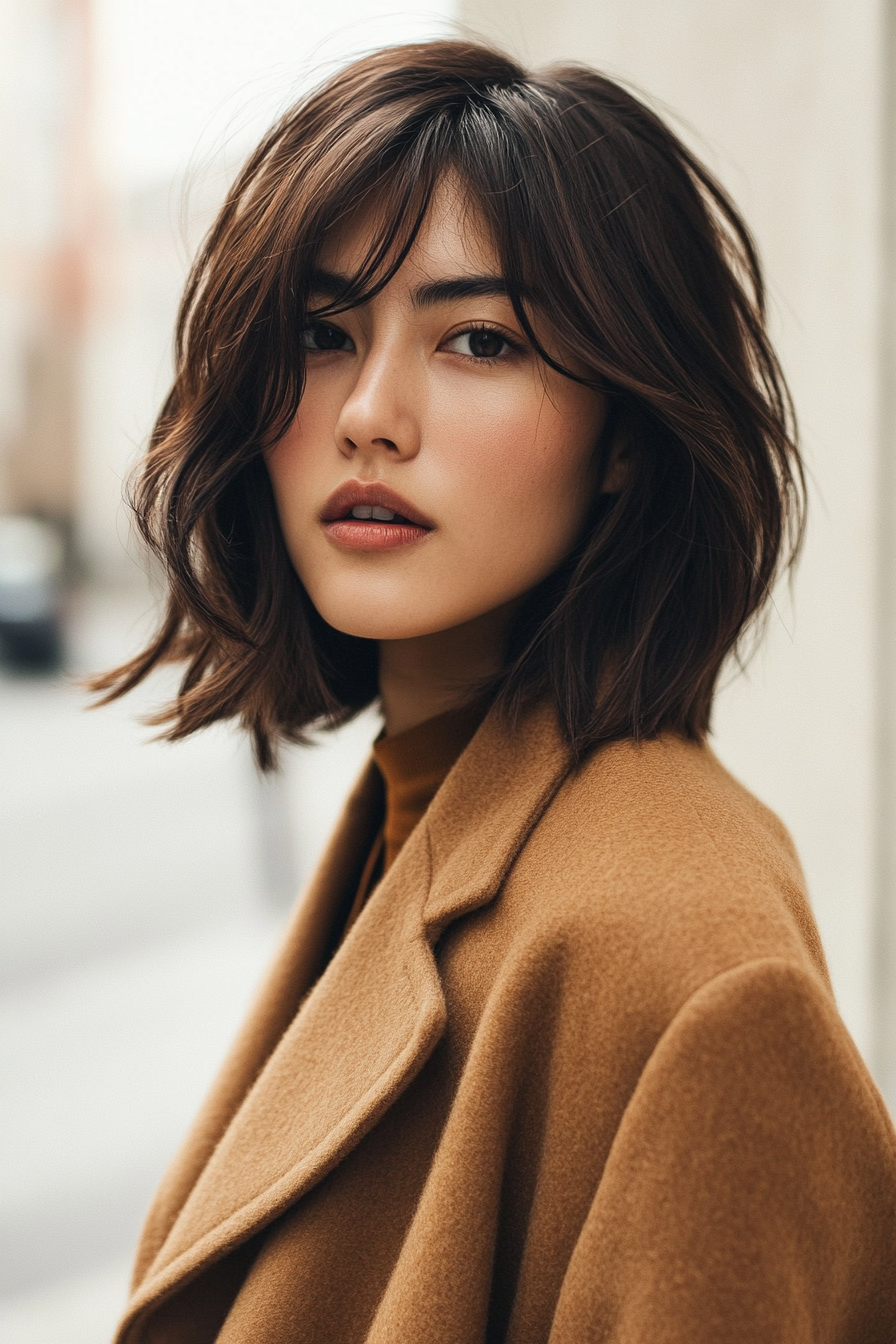 Classic women's style. Tan peacoat paired with face-framing layered bob.