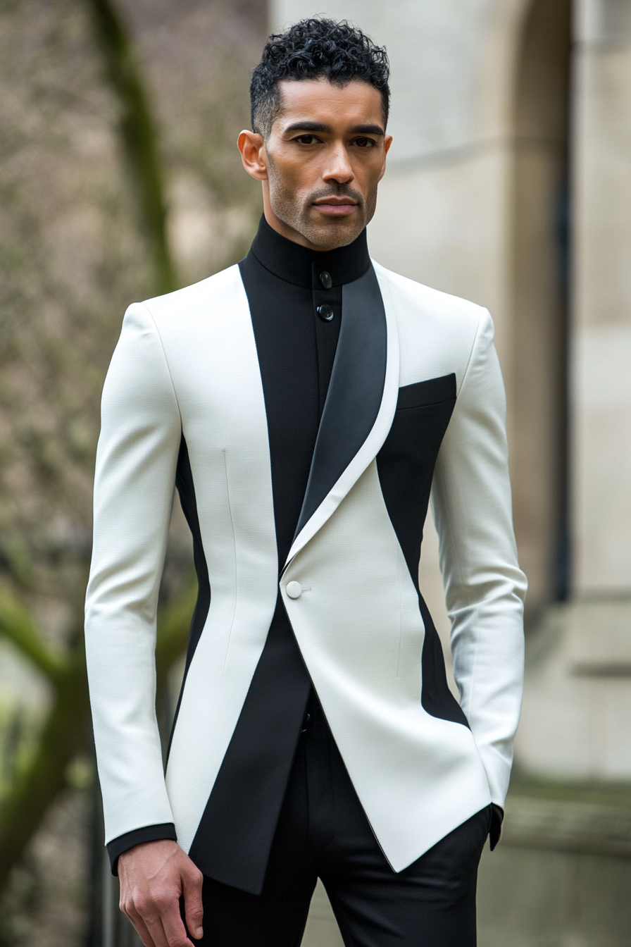 Men's Statement style. Tall structured jacket with angular fade detailing.