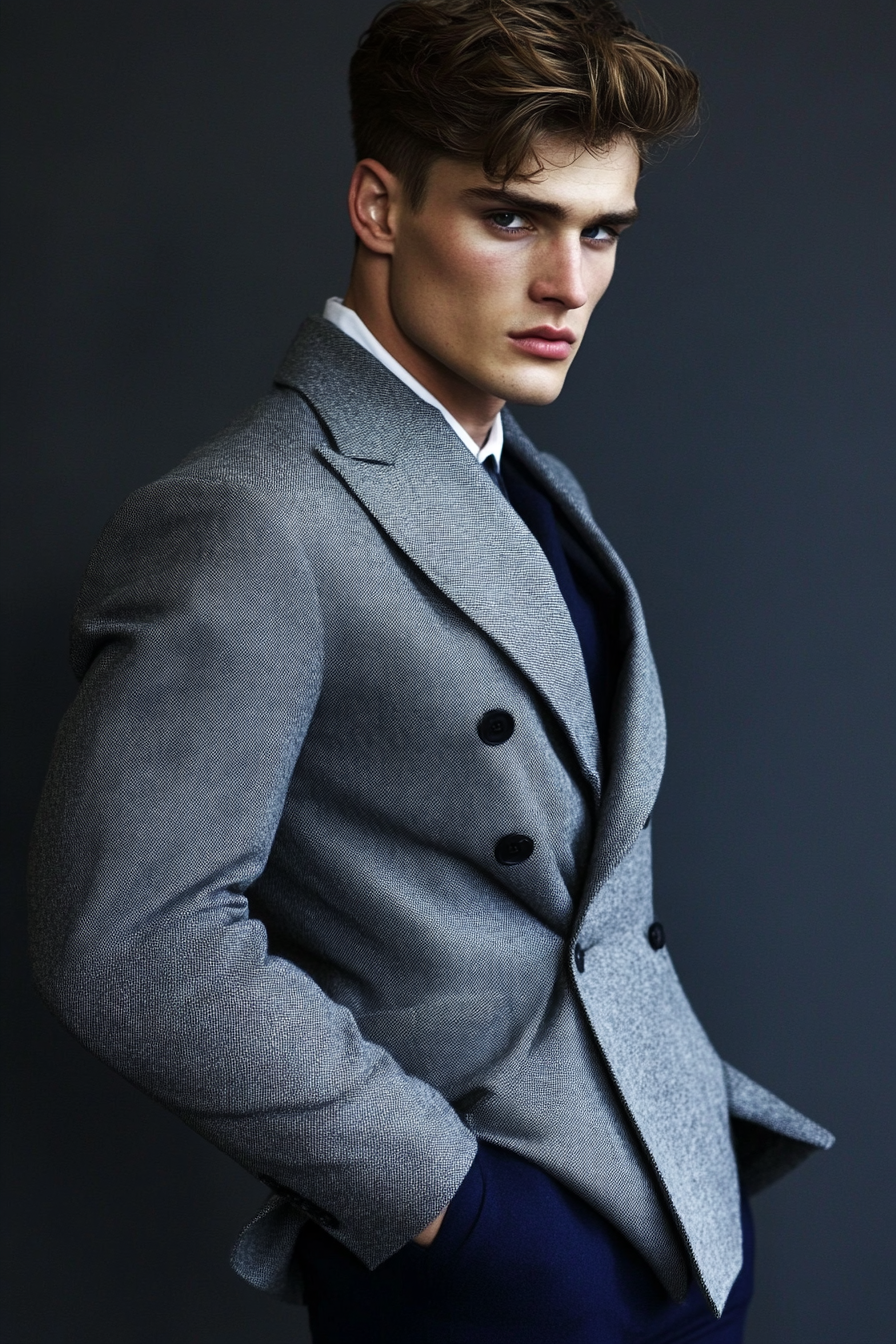 Modern men's style. Grey rolled-up double-breasted blazer, navy blue pants, disconnected side haircuts.