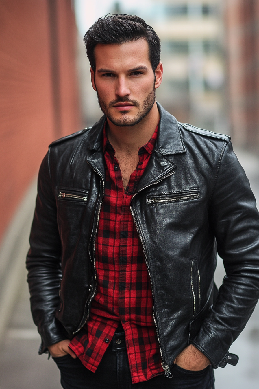 Edgy men's style. Black leather jacket with crimson plaid shirt.