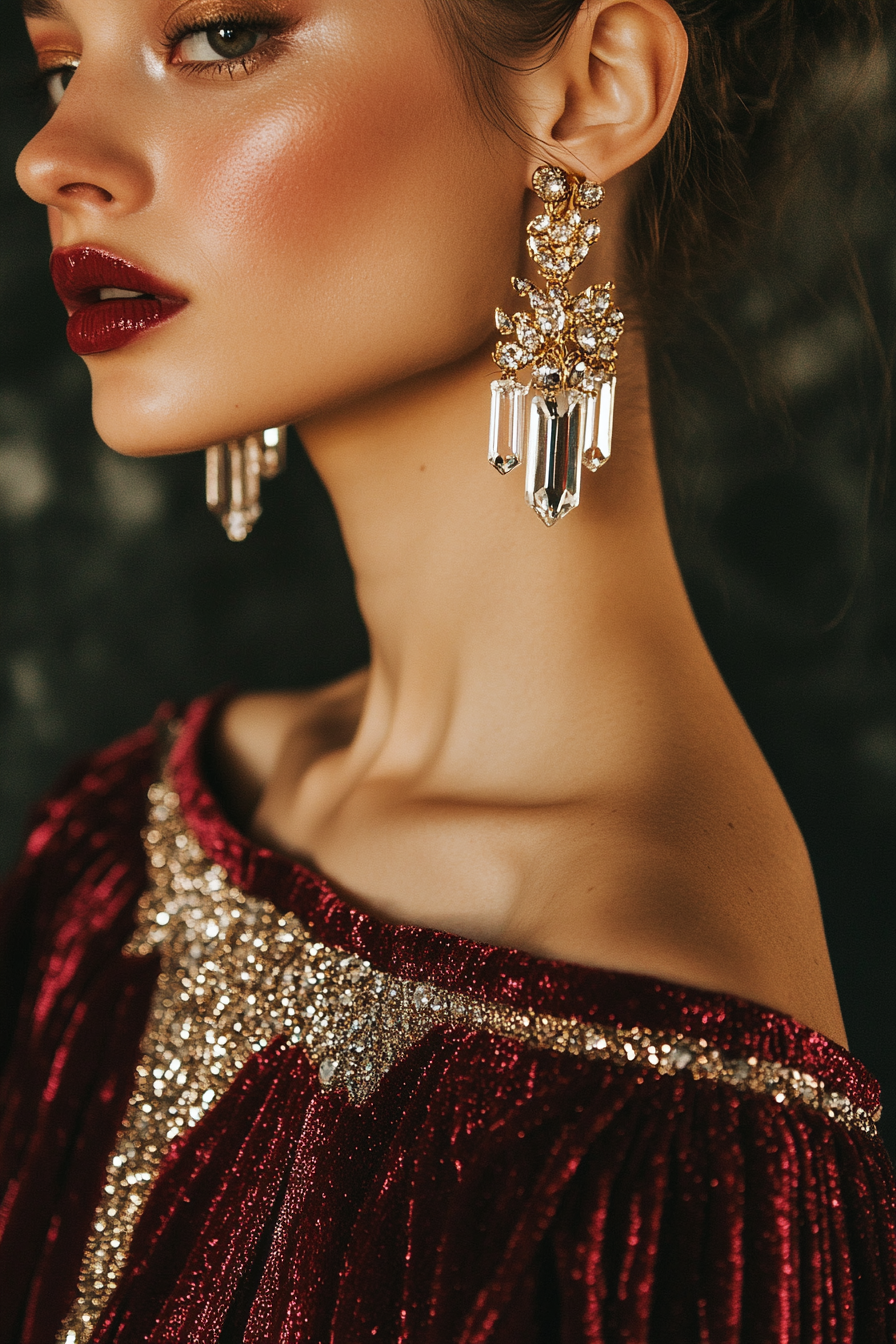 Festive women's style. Gold spray, maroon velvet dress with sequins and crystal earrings.